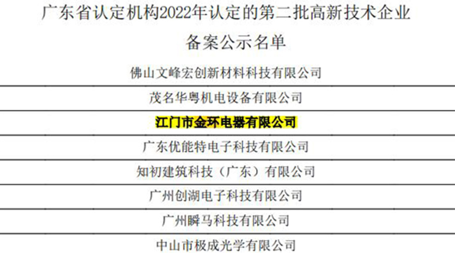好消息！金環(huán)電器再次通過國家級“高新技術(shù)企業(yè)”認定